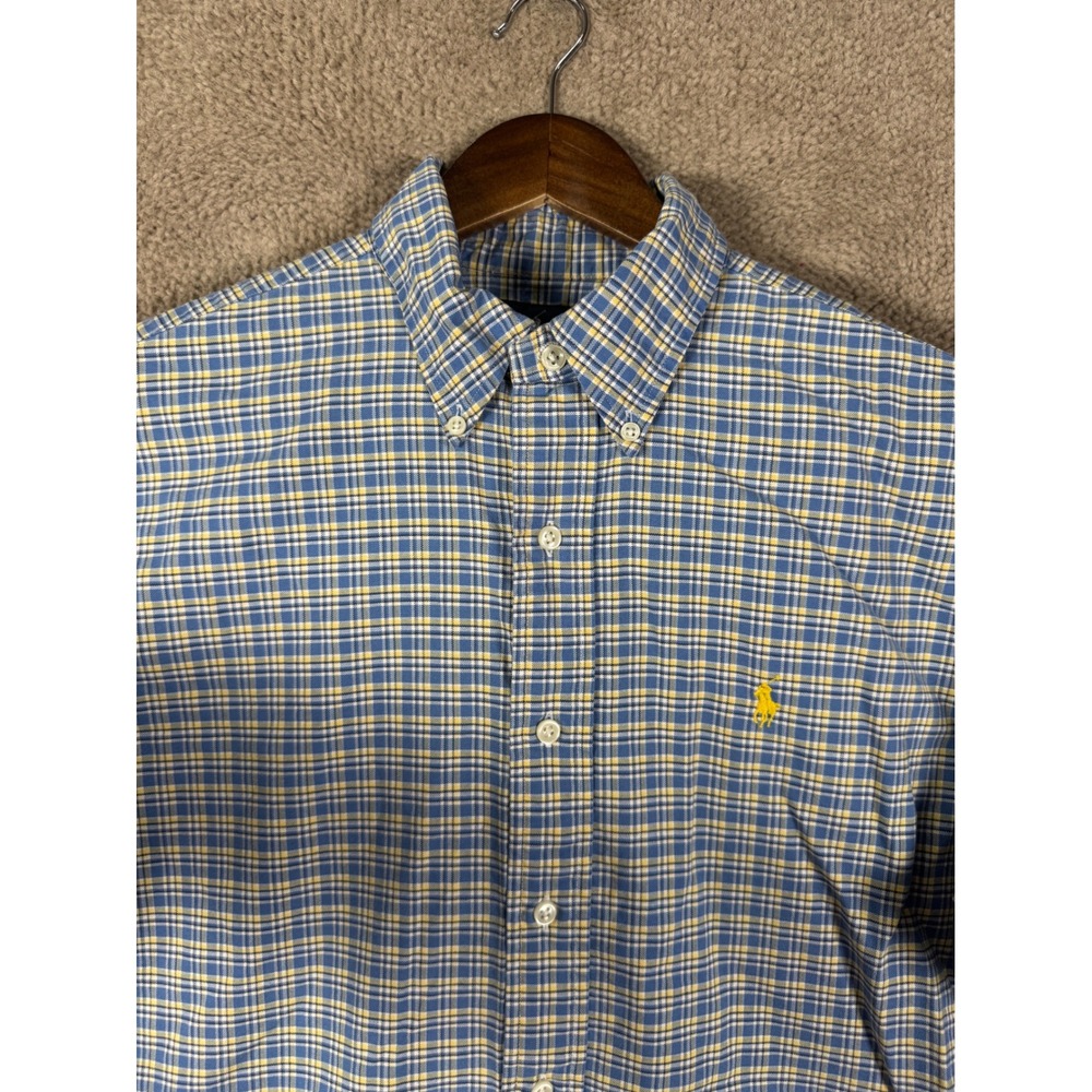 Ralph Lauren Button Down Shirt Mens Medium Blue Yellow Plaid Classic Fit Cotton